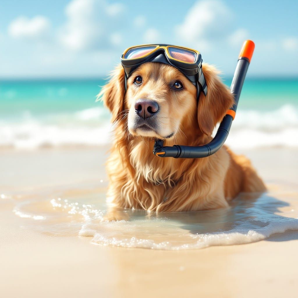 Golden Retriever Scuba Diving: Photorealistic Beach Scene