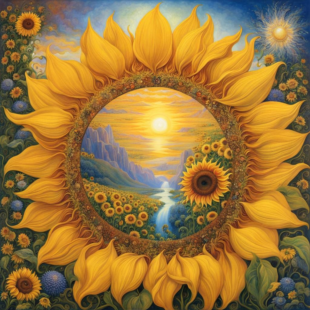 Sunflower Surrounded by Crystal Flowers, Symbolic Art