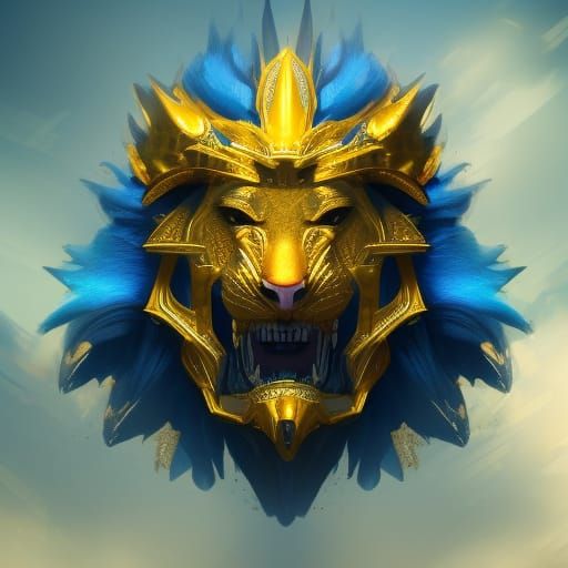 Armored Golden Lion Face in Detailed Matte Painting