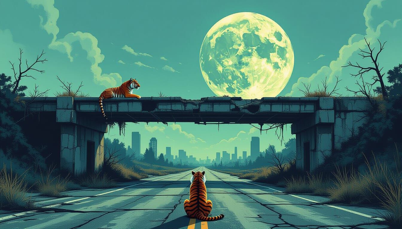 Tiger Gazes at Ethereal Moon Over Post-Apocalyptic Wasteland