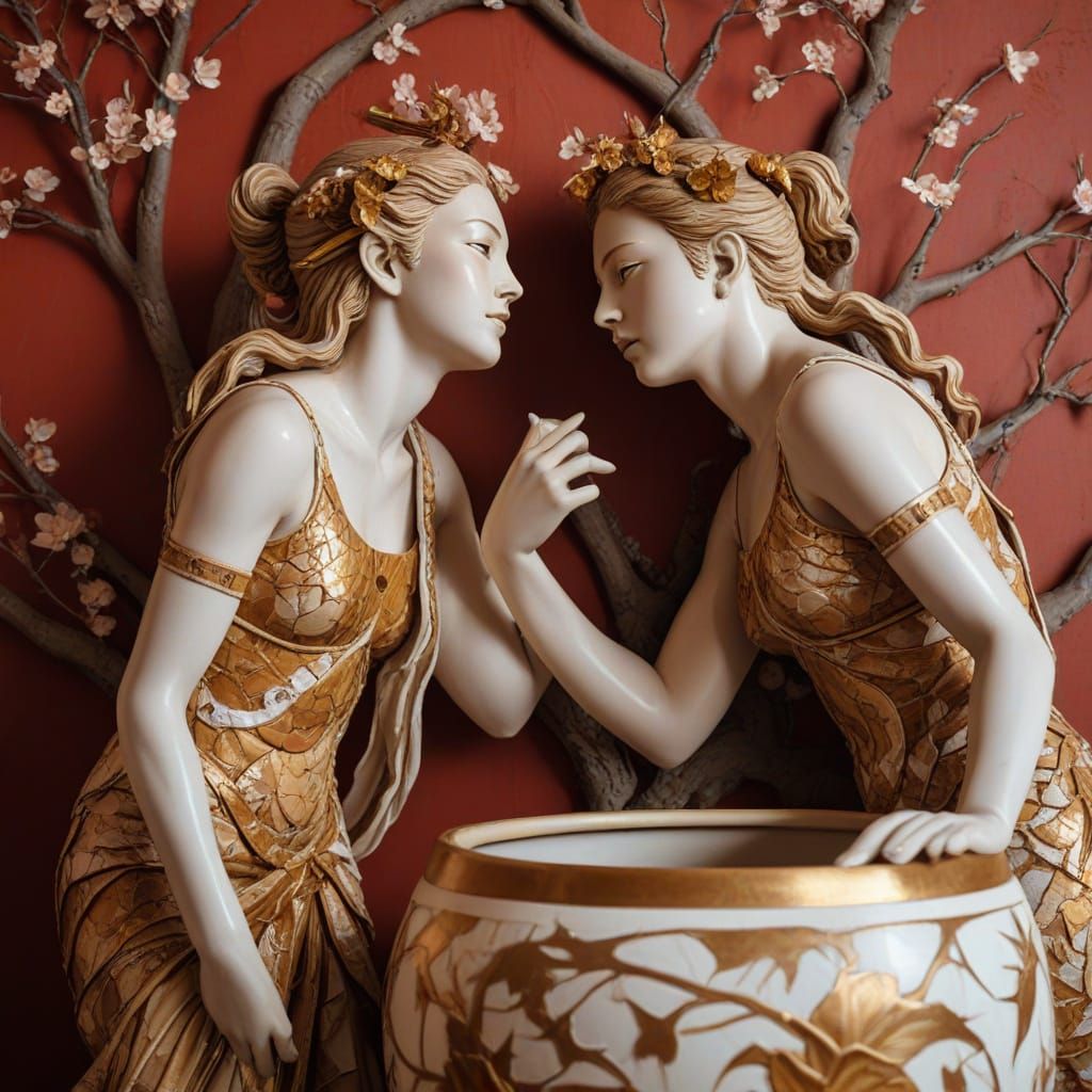 Satyr and Dryad in Golden Kintsugi Vase