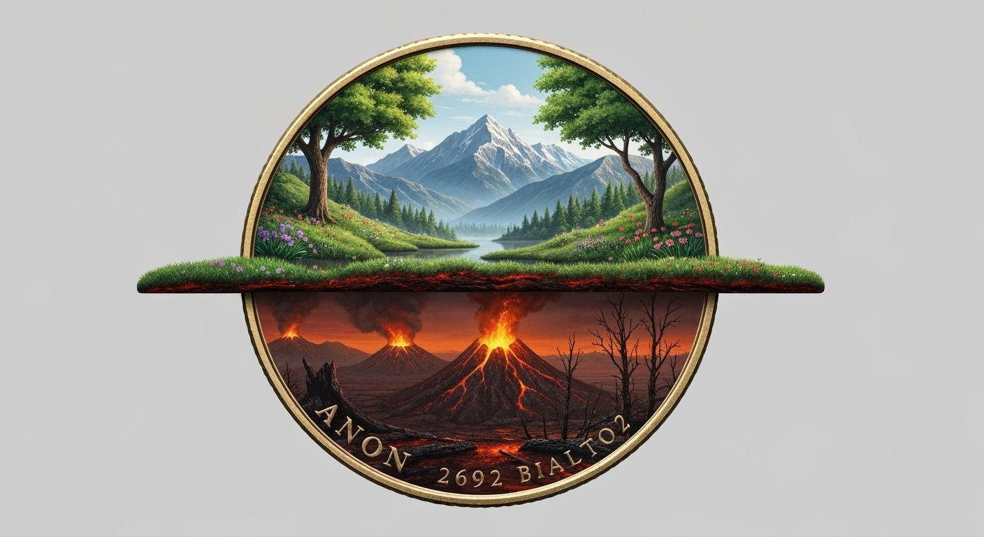 Coin with Paradise and Hell Landscape, Professional Photogra...