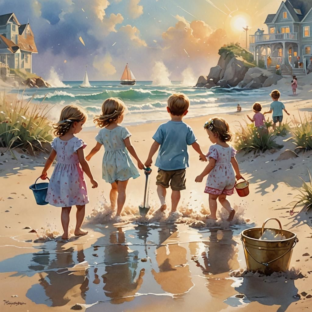 Brother and Sister Playing on Beach in Watercolor