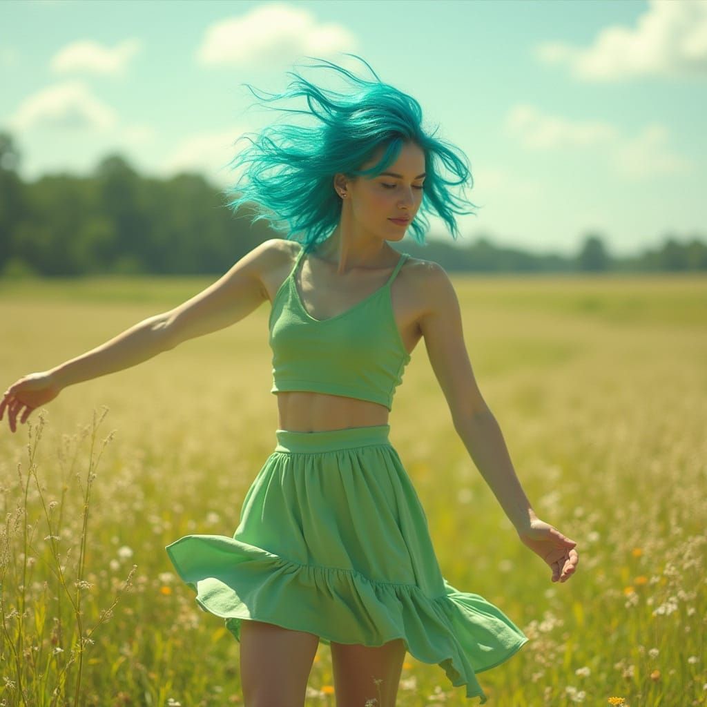Electric Blue Haired Woman Dances in Sunlit Field