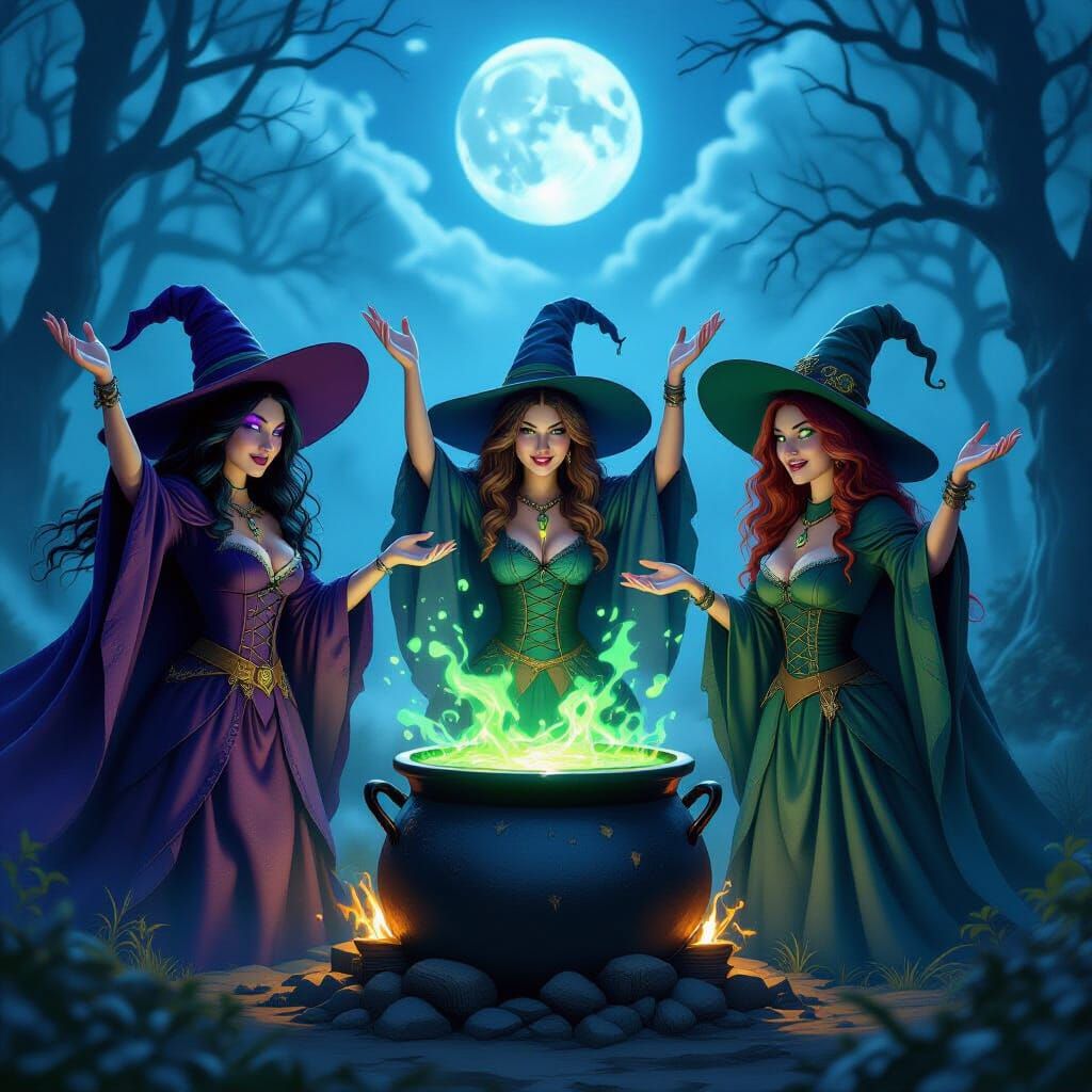 Four Witches Perform Ritual in Misty Woodland Clearing