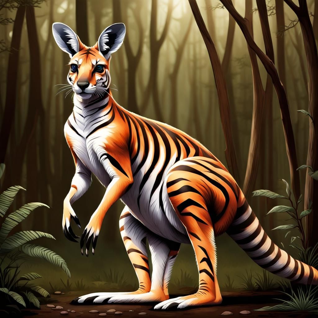 Majestic Kangaroo-Tiger Hybrid in Bioluminescent Jungle