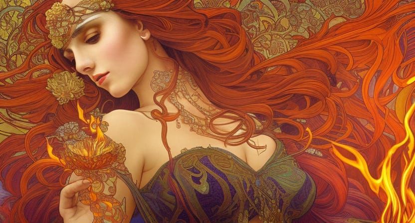 Goddess of Fire Digital Illustration in Art Nouveau Style