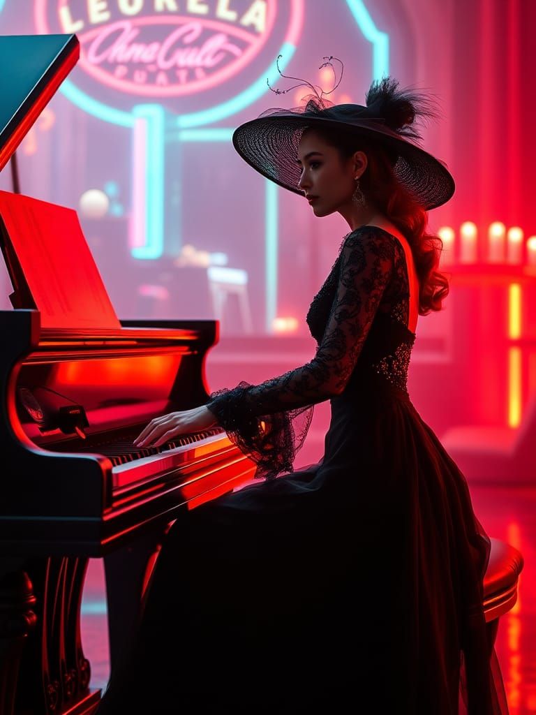 Elegant Woman at Piano in Synthwave Neon Lights