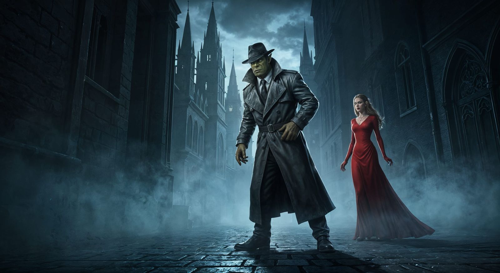 Orc Detective in Fantasy City: A Film Noir Scene