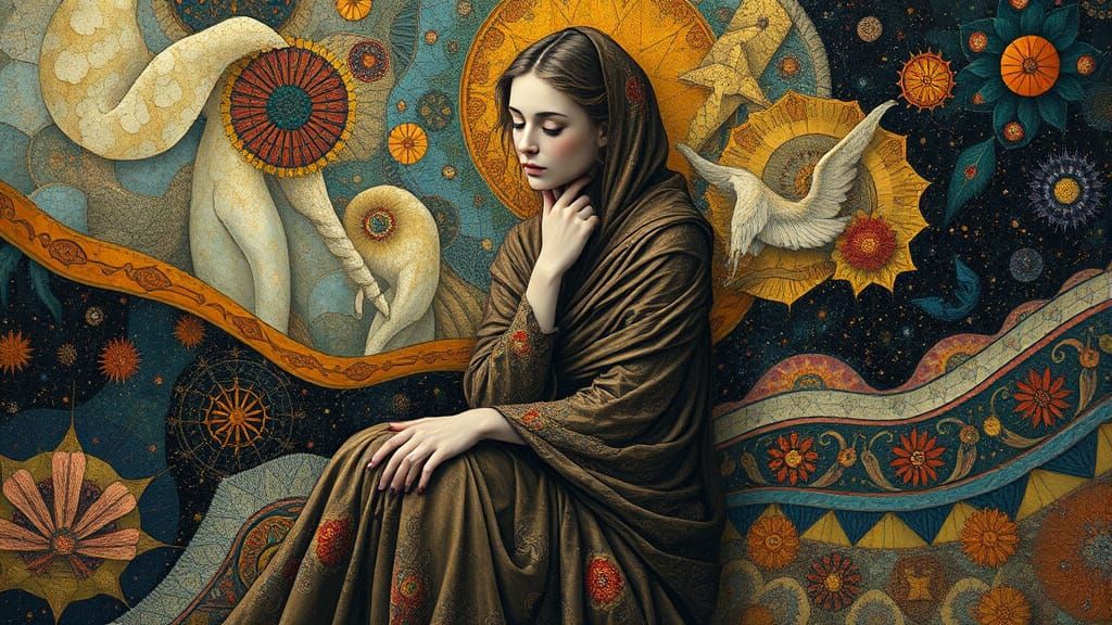 Ethereal Figure in Whirling Cosmic Landscape