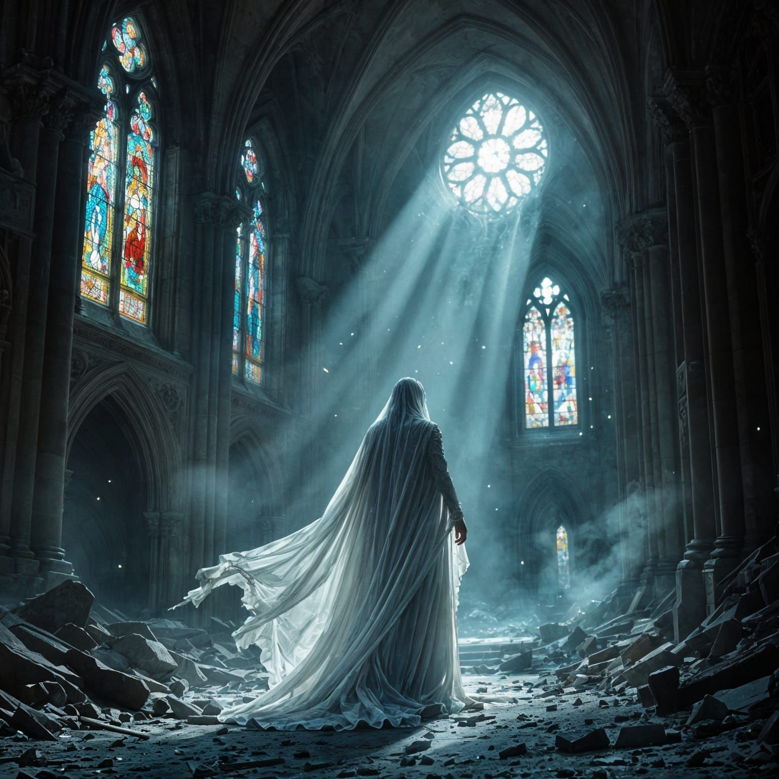 A spectral figure, translucent and shimmering, drifts throug...