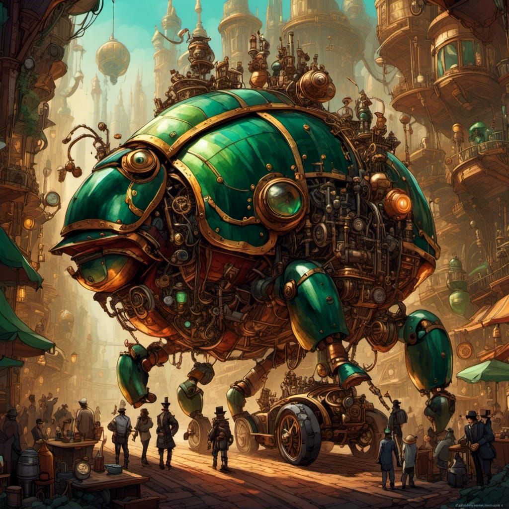 <lora:Steampunk XL:1.0> Steampunk picture of a scarab beetle automaton spying on a secret meeting between 2 steampunk pi...