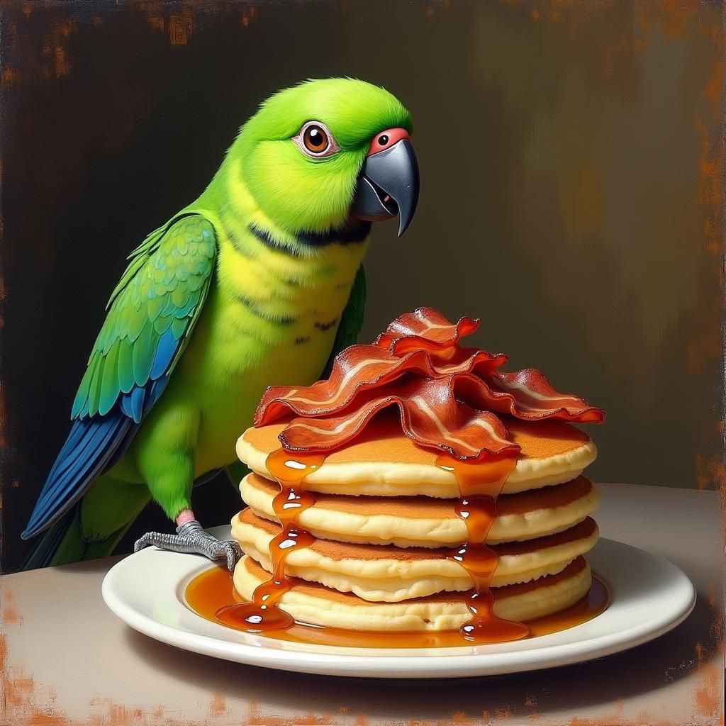 Quaker Parrot with Pancakes in Impressionist Style