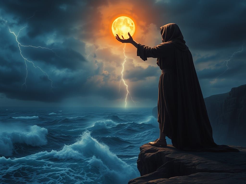 Witch on Cliff Overlooking Stormy Sea