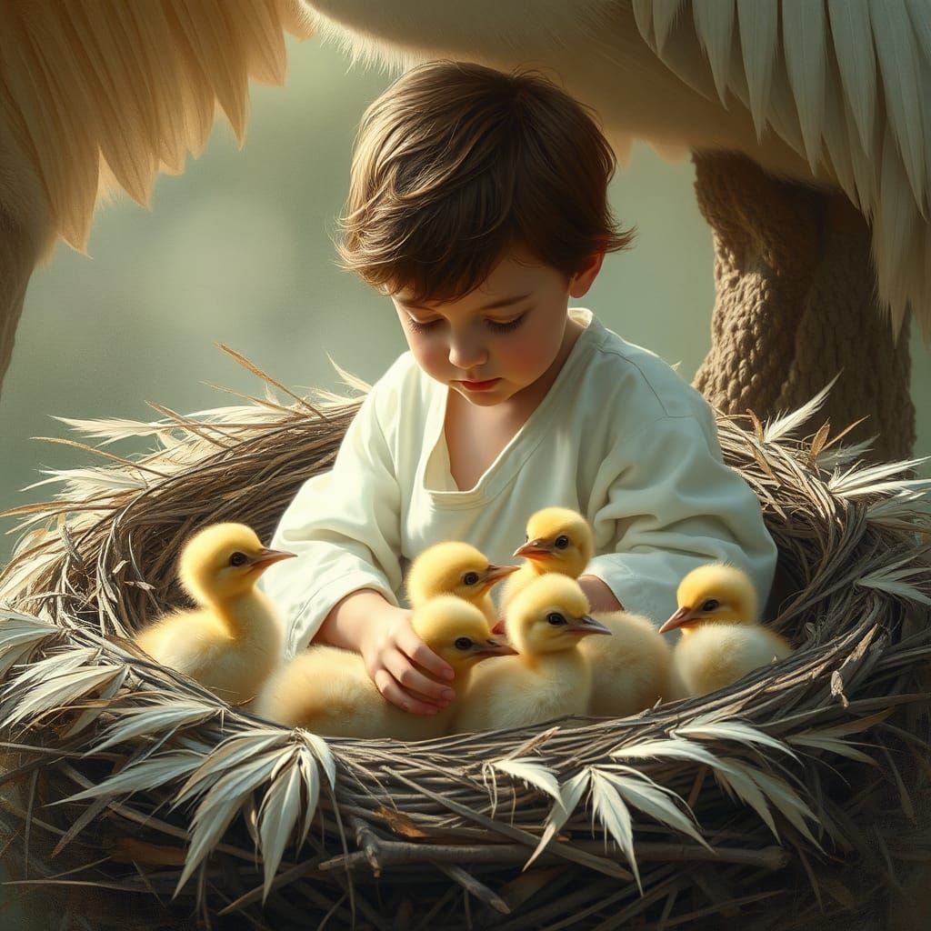 Boy and Heron Chicks in Dreamlike Pre-Raphaelite Style