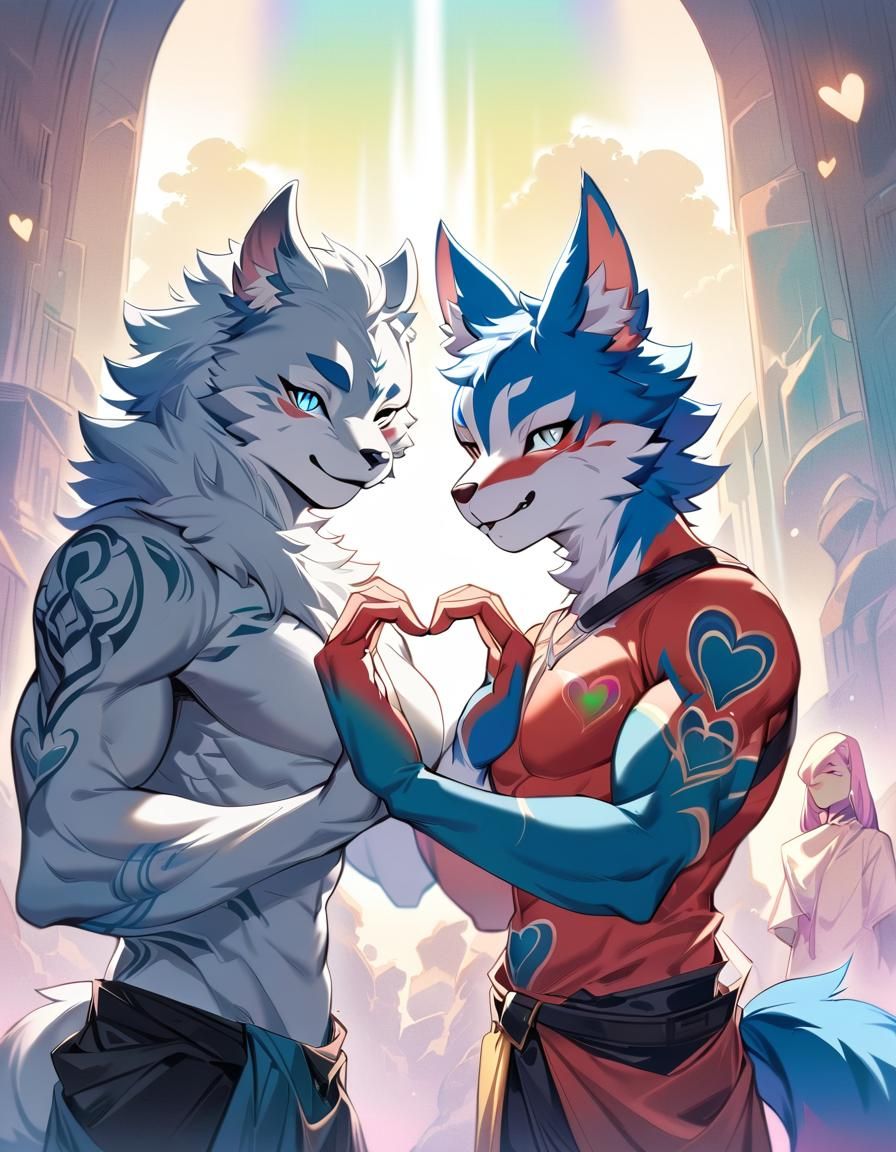 Two Furry Wolf Boys in Oil Painting Style