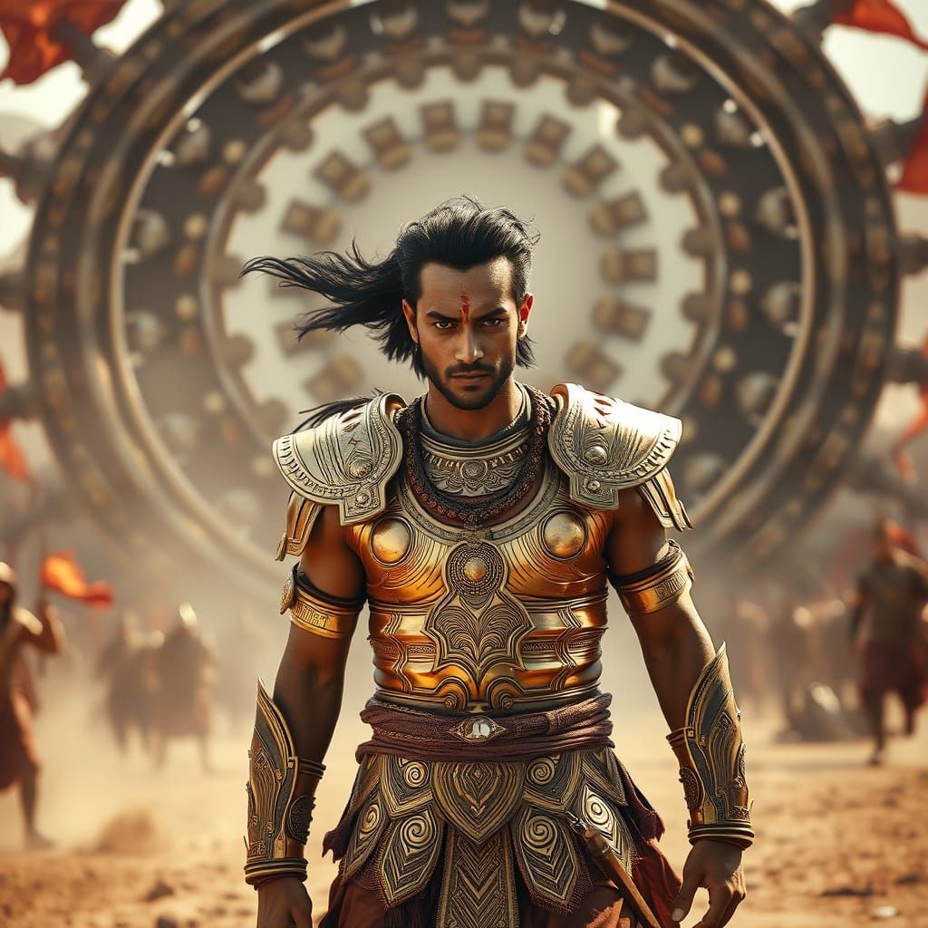 Warrior Prince Walks Toward Chakravyuh in Photorealistic Sty...