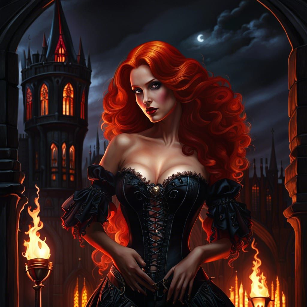 Seductive Vampire Poses at Gothic Castle, Hyperrealistic