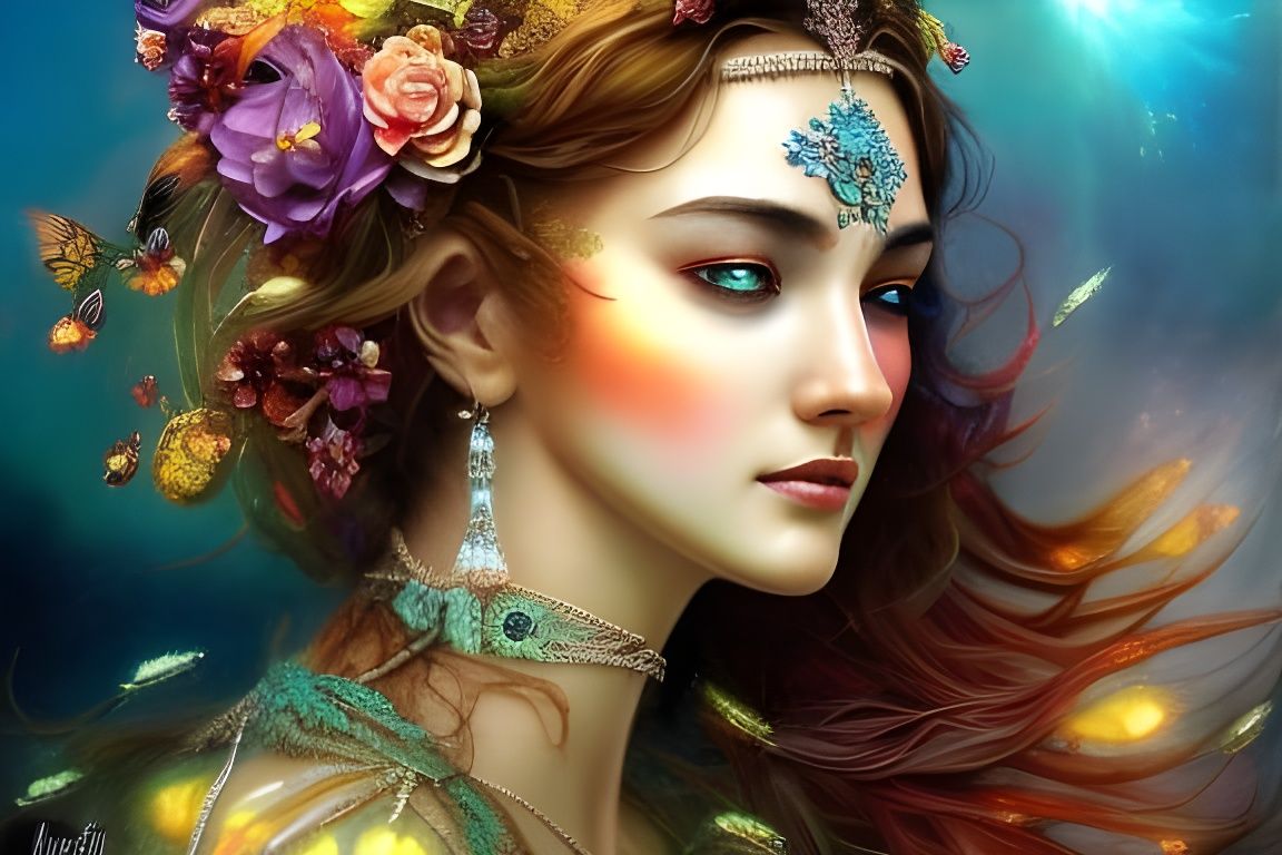 Mystical Flower Woman: Photorealistic Digital Illustration