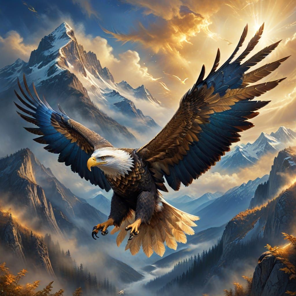 Majestic Eagle Soars Through Misty Mountains in Digital Fant...