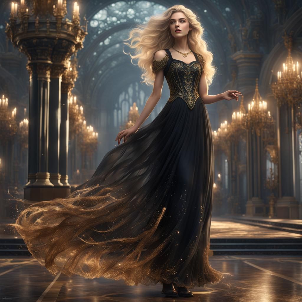 Beautiful Princess with Long Blonde Hair in Black Dress