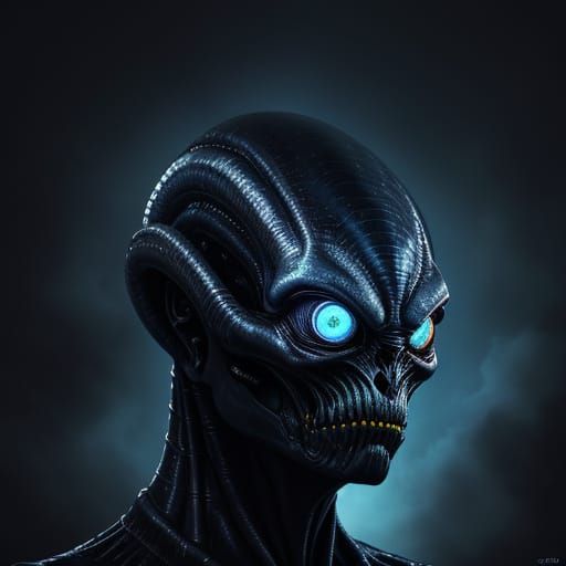 Alien Portrait in Oil Painting Style with Glowing Eyes
