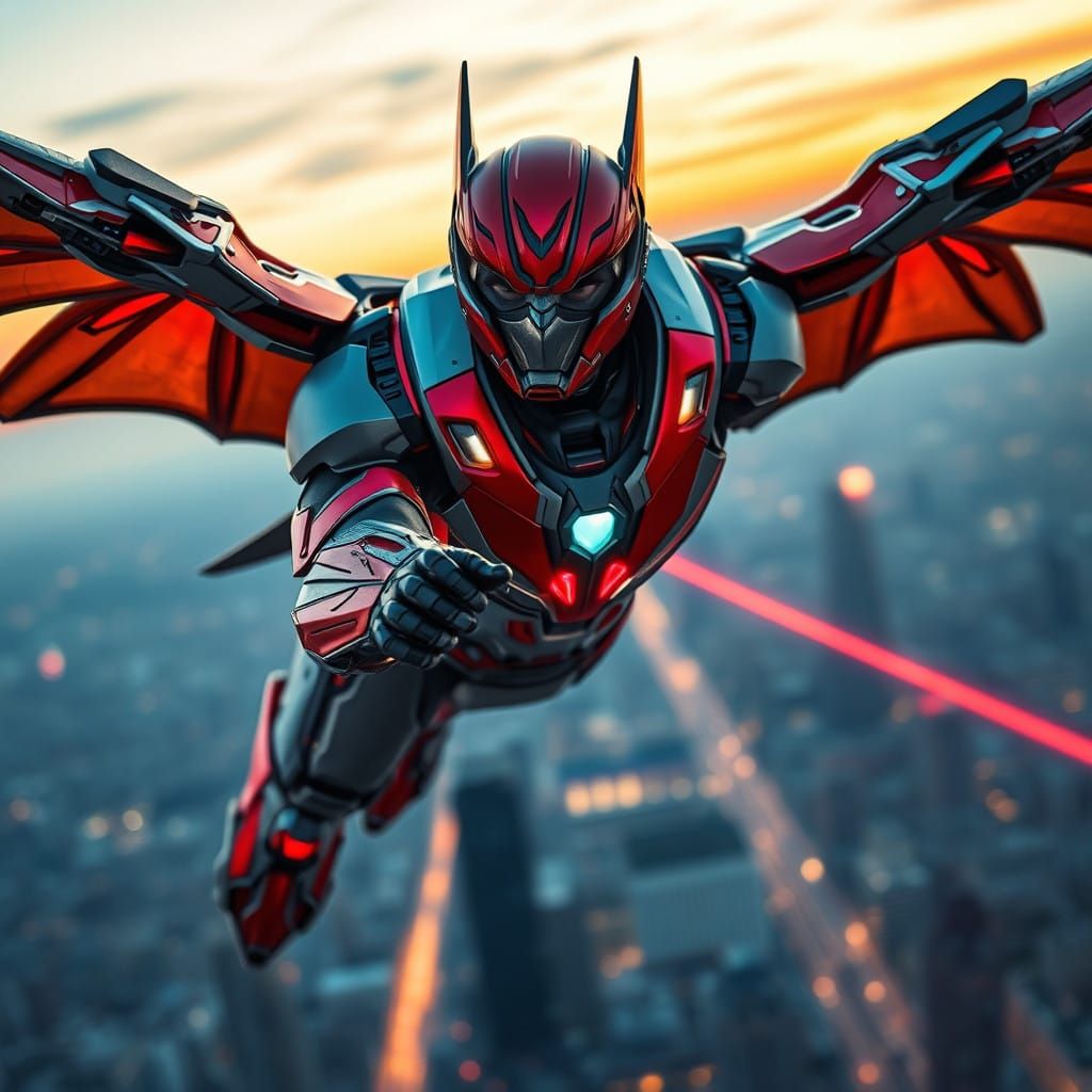 Metallic Superhero Suit in Red and Gray, with Wings and Tact...