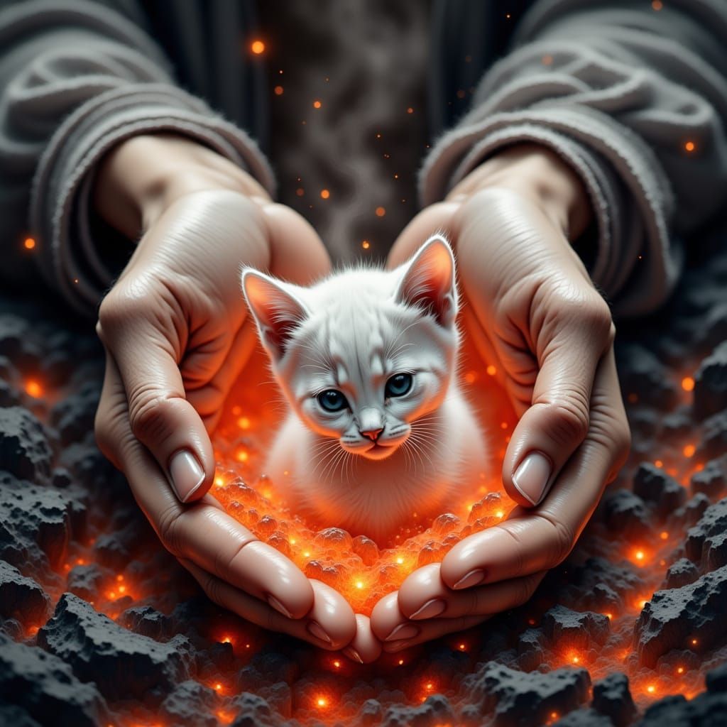 Ghostly Hands Holding Lava With Kitten Emerging