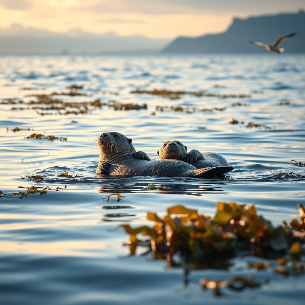 Serene Sea Otters in a Calm Ocean Landscape