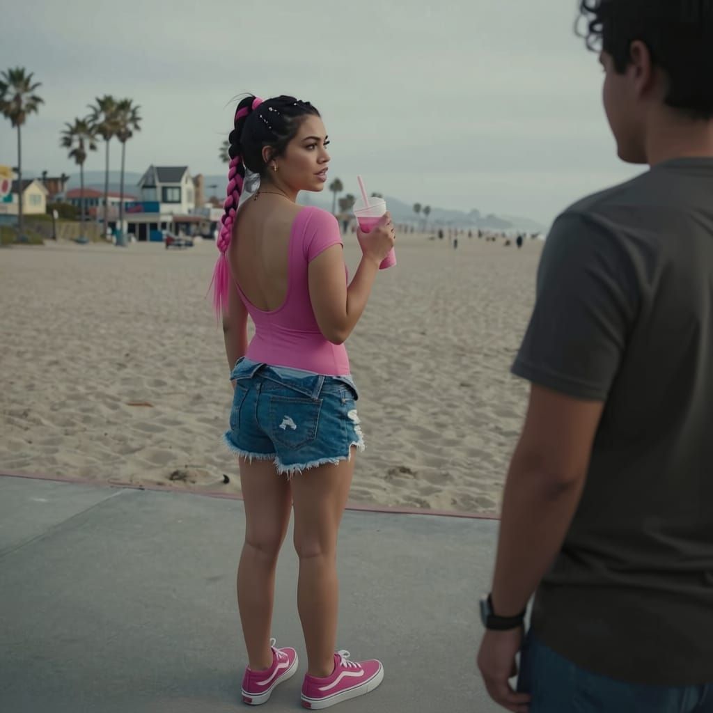 Punk Girl with Pink Hair at Venice Beach Boardwalk