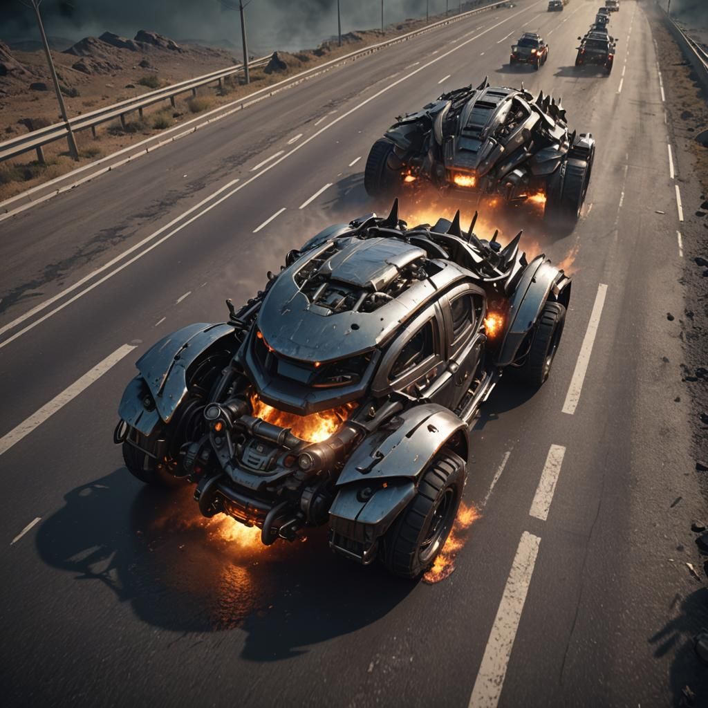 Mussel car driving down the highway to hell chaced by demons