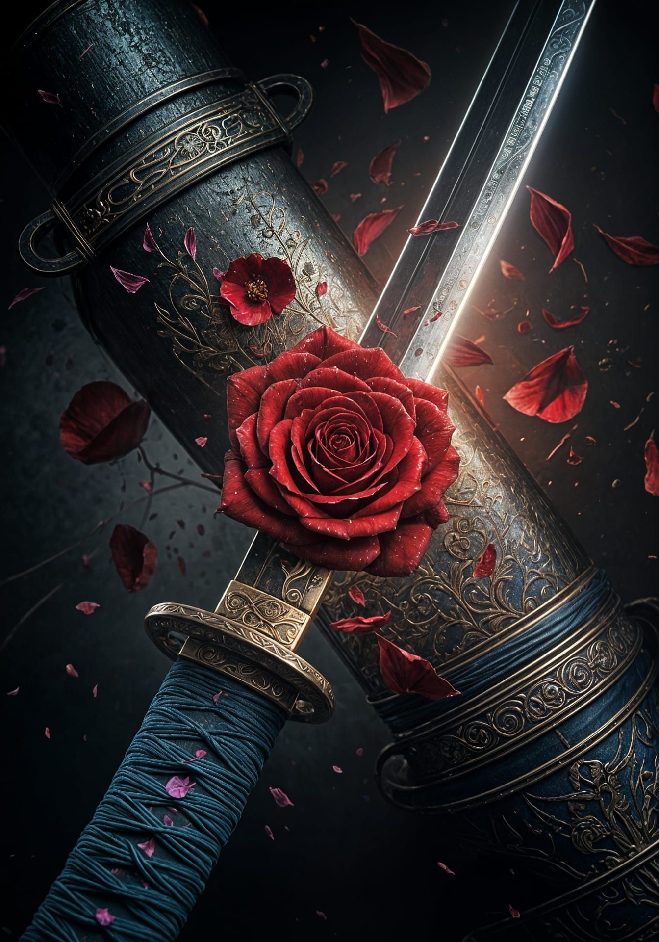 Surreal Katana Cuts Through a Rose in a Dark, Corroded World
