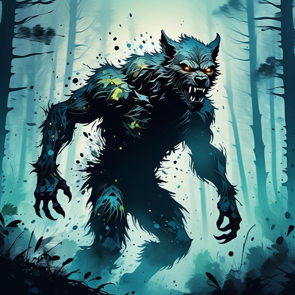 Werewolf in Misty Forest: Expressionist Ink Splatter Art