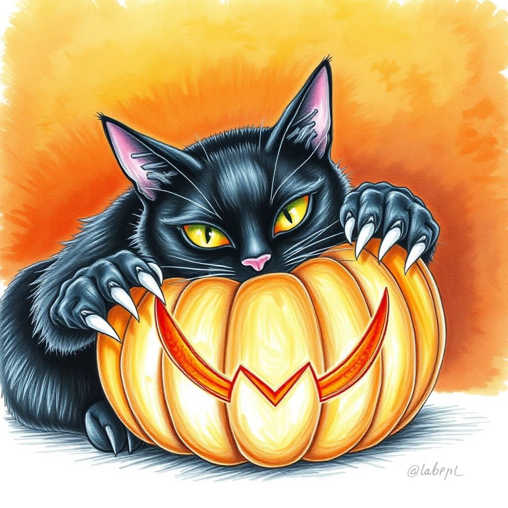 Black Cat Carving Pumpkin, Colored Pencil Autumn Art