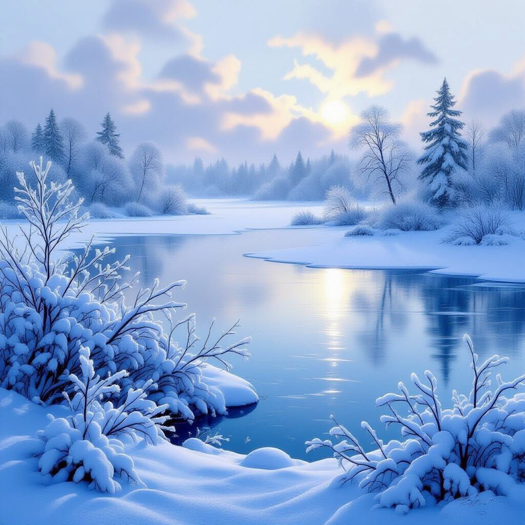 Serene Winter Lake with Frosted Trees