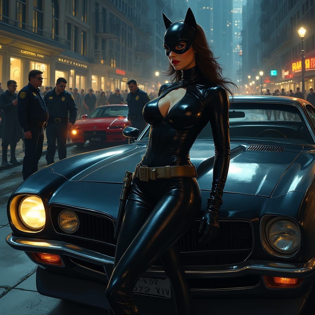 Catwoman Leans on Matte-Black Sportscar Under Police Spotlig...