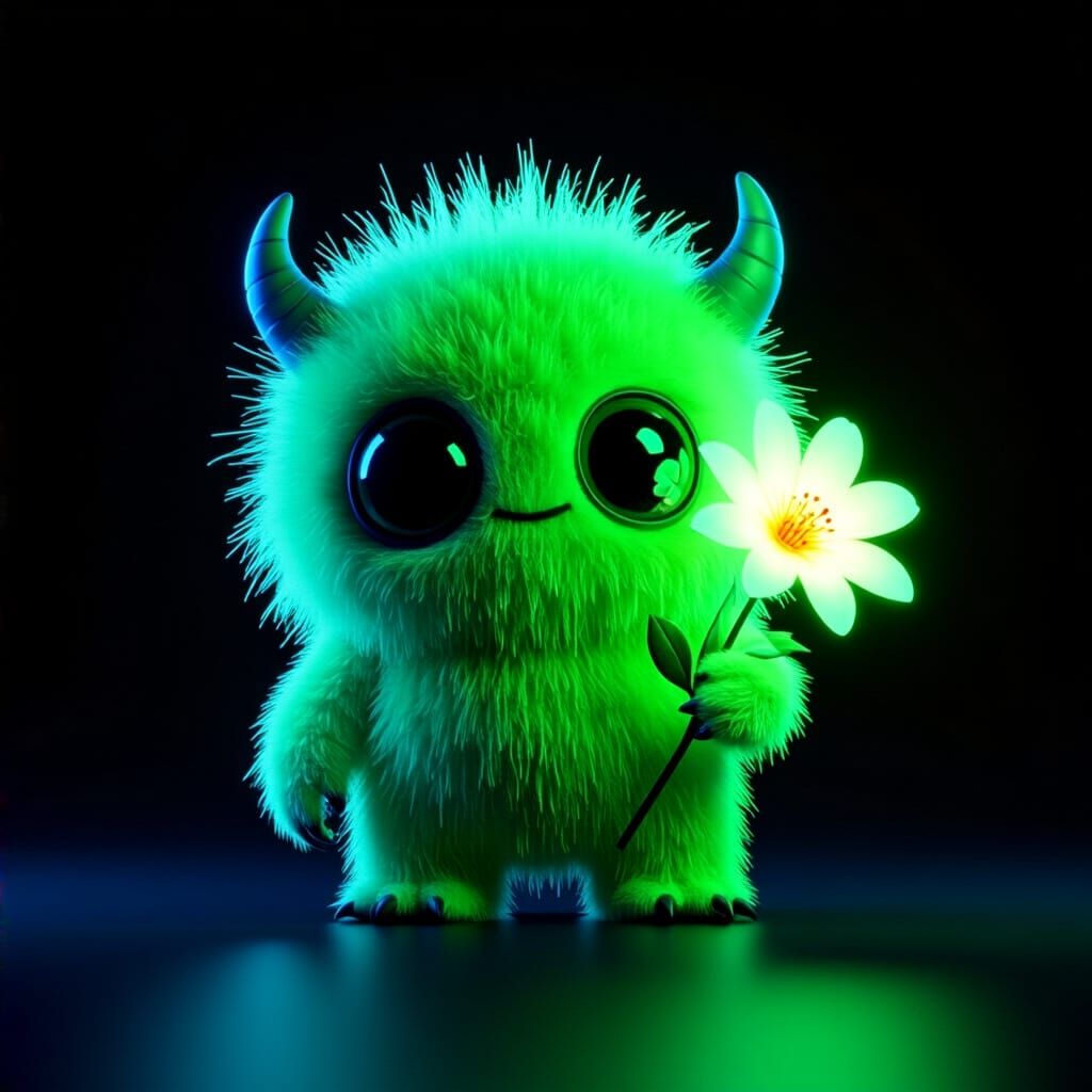Cute Neon Green Monster Holding Glowing Flower in 4D Techno ...