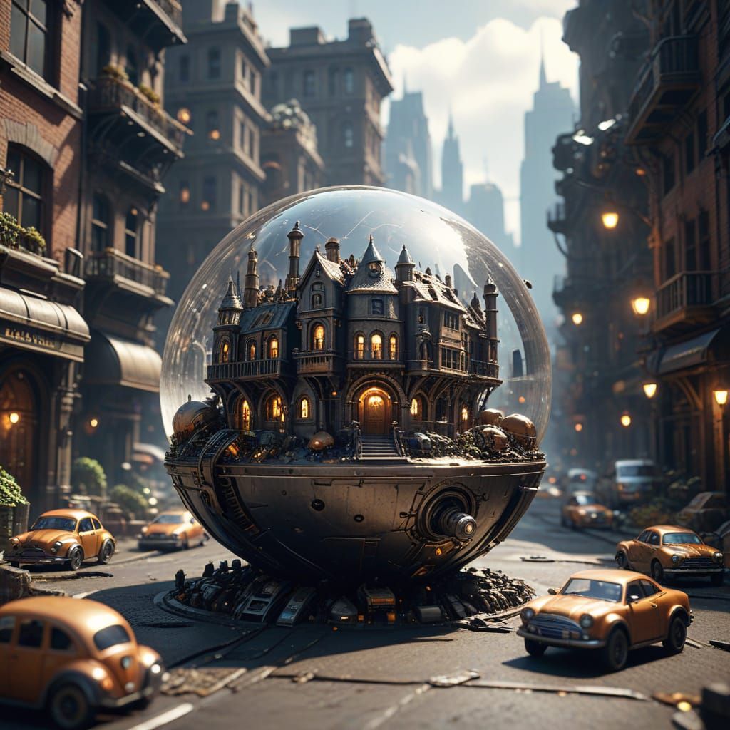 Steampunk City Inside Acorn in 8K