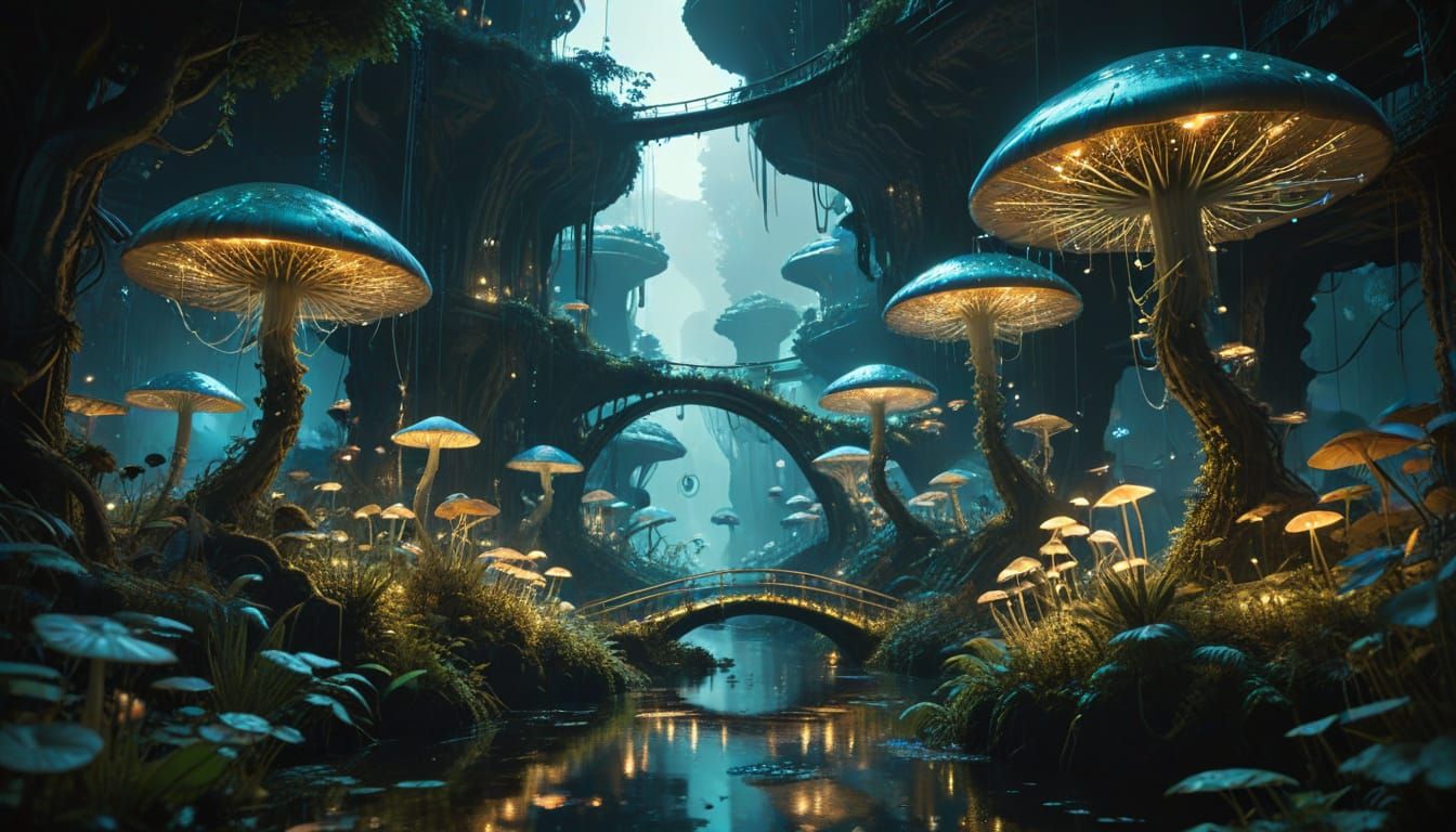 Surreal City of Glowing Vegetation in a Cinematic Film Style