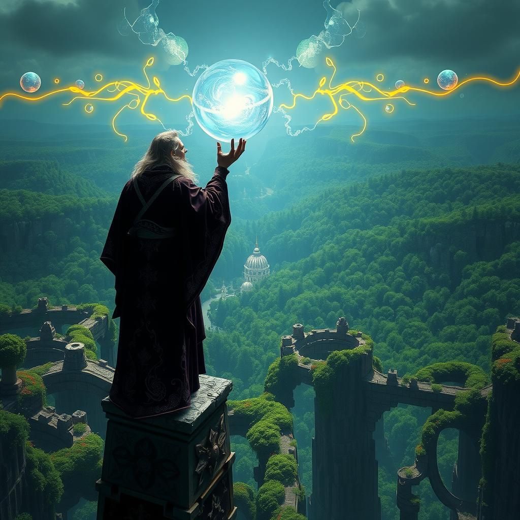 Wizard Gazing into Crystal Orb in Futuristic Medieval World