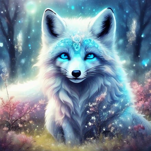 delicate, silver-coated snow fox fairy with large,
