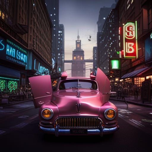 Futuristic Car in City at Night, Digital Art