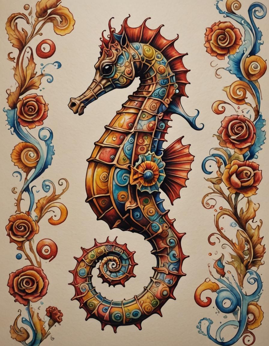 Hyperrealistic Seahorse Tattoo Design in Warm Colors