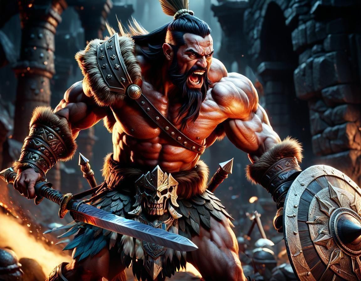 Powerful Barbarian Warrior with Sword: Hyperrealistic Splash...
