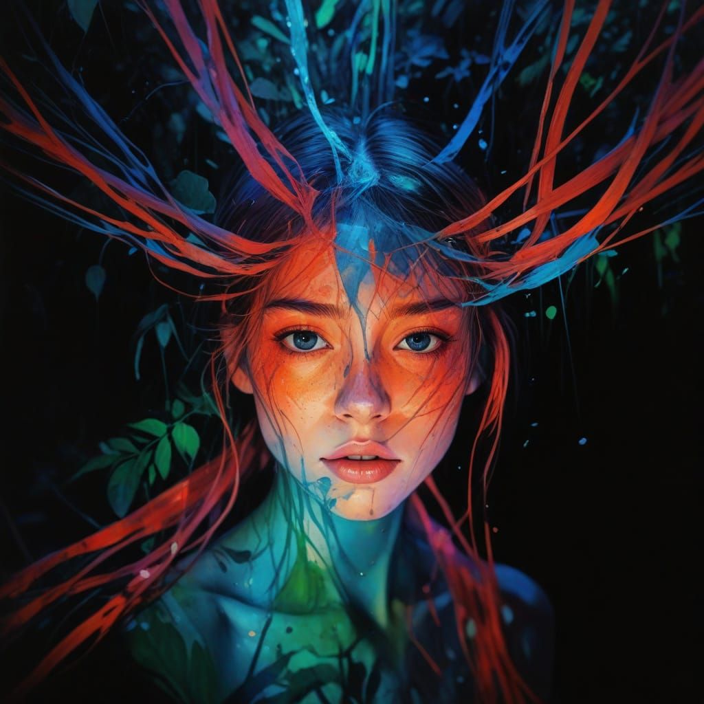 Jungle Huntress at Dawn: Watercolor Digital Art