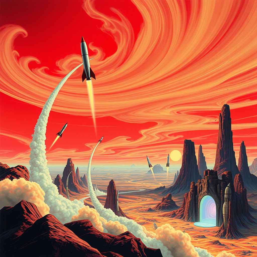 Surreal Rockets Landscape in Dreamlike Style