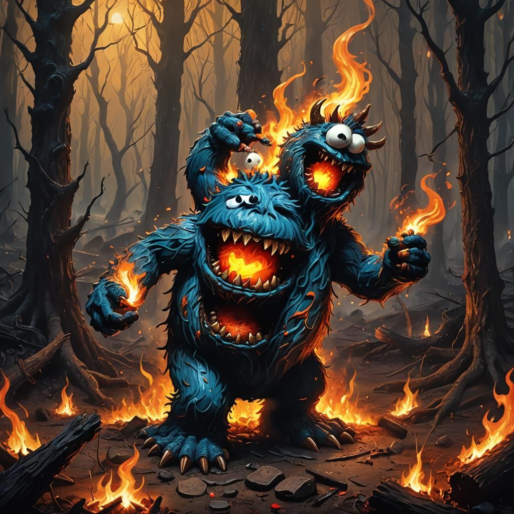 Demonic Cookie Monster Attacks Fire in Surreal Forest