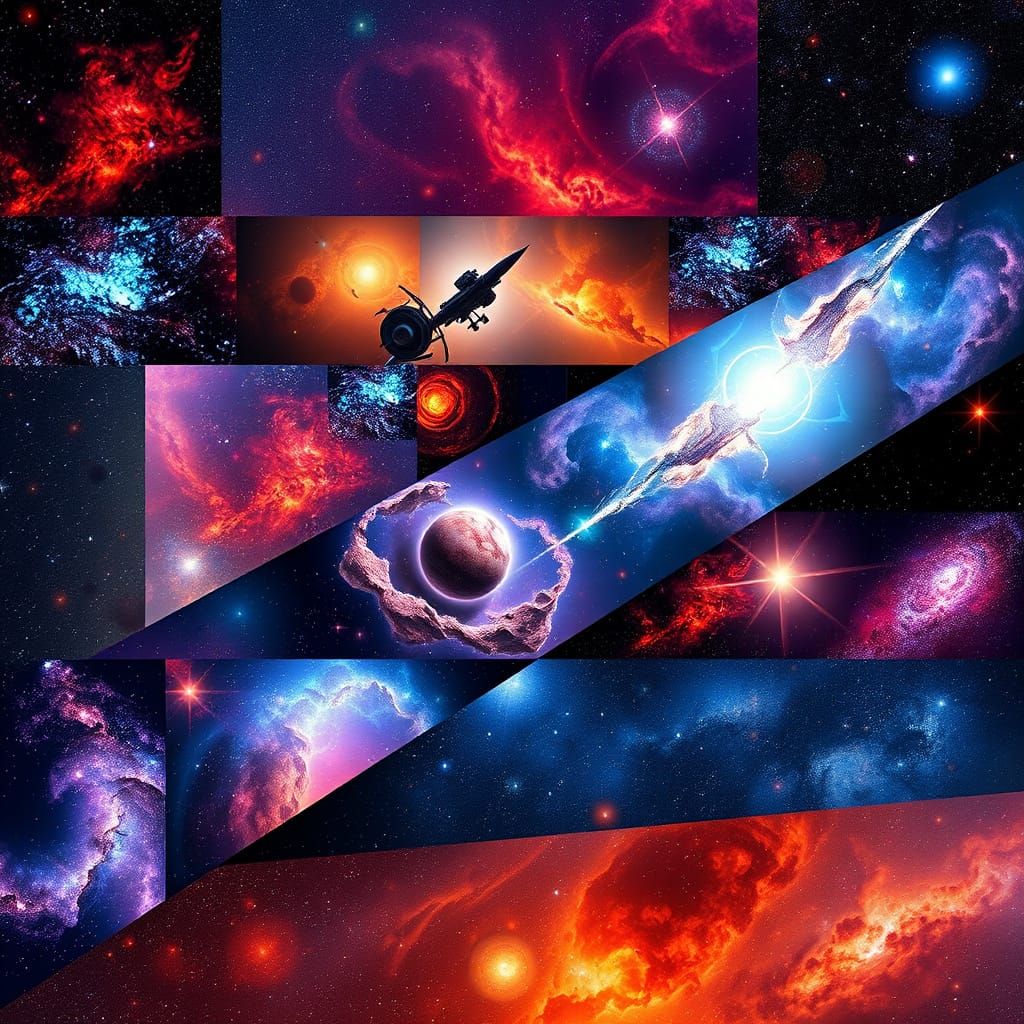 A collage of vibrant and detailed outer space scenes, divided into diagonal bands. Each band showcases a unique nebula a...