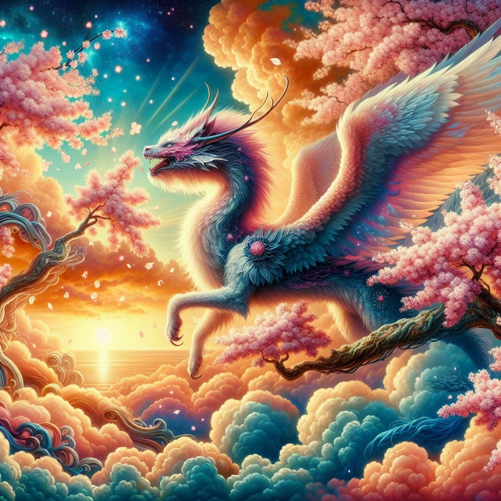 Whimsical Cat-Dragon Soars Amidst Cherry Blossoms at Sunset