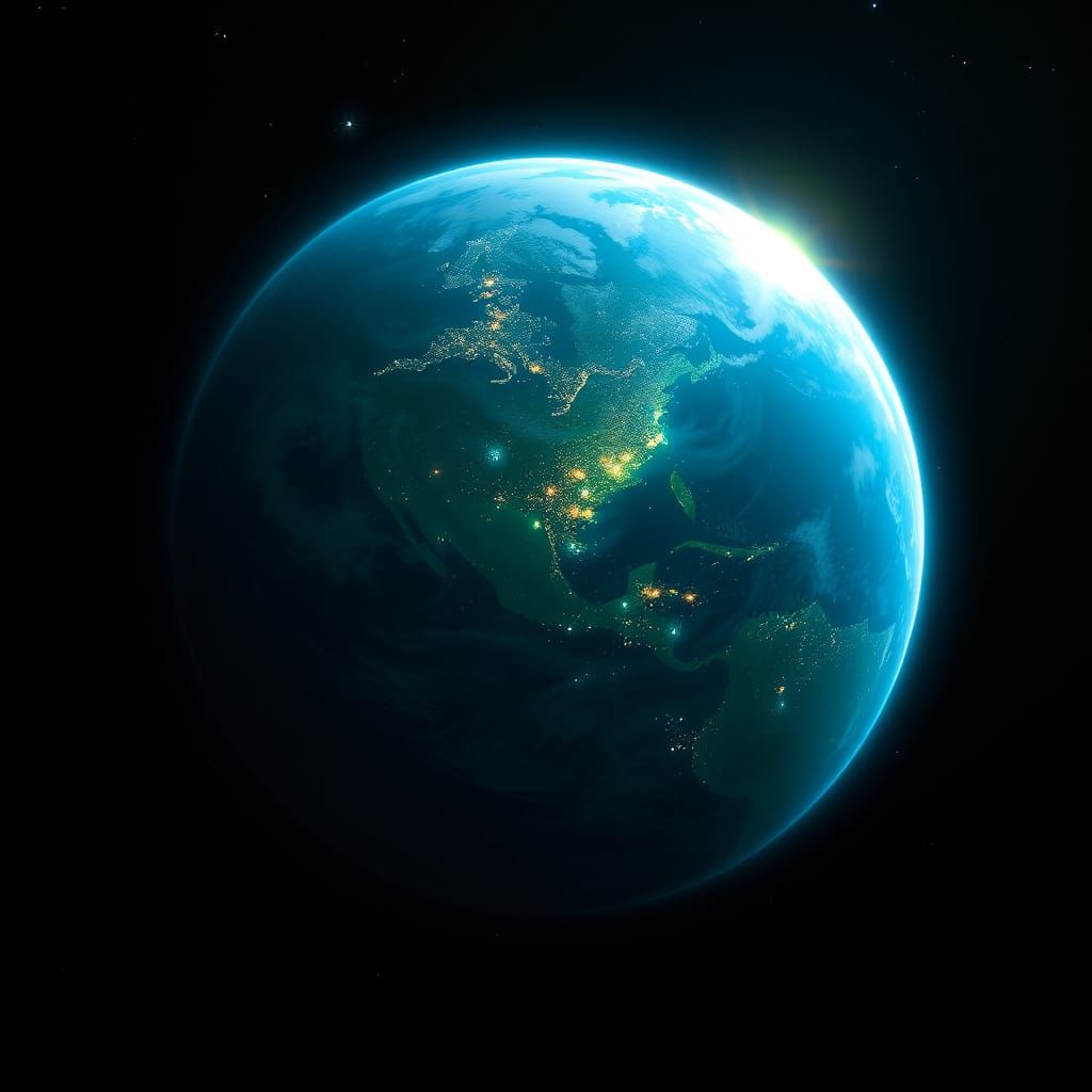 Ethereal Cosmic Realism: Glowing Earth in the Universe